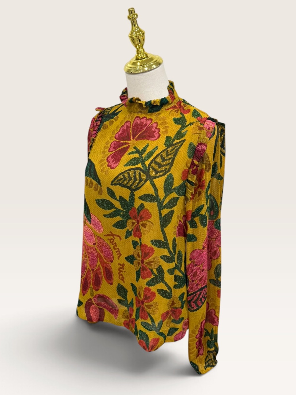 Farm Rio XS Golden Yellow Floral Print Button Back Long Sleeve Blouse EUC Boho - Picture 9 of 13